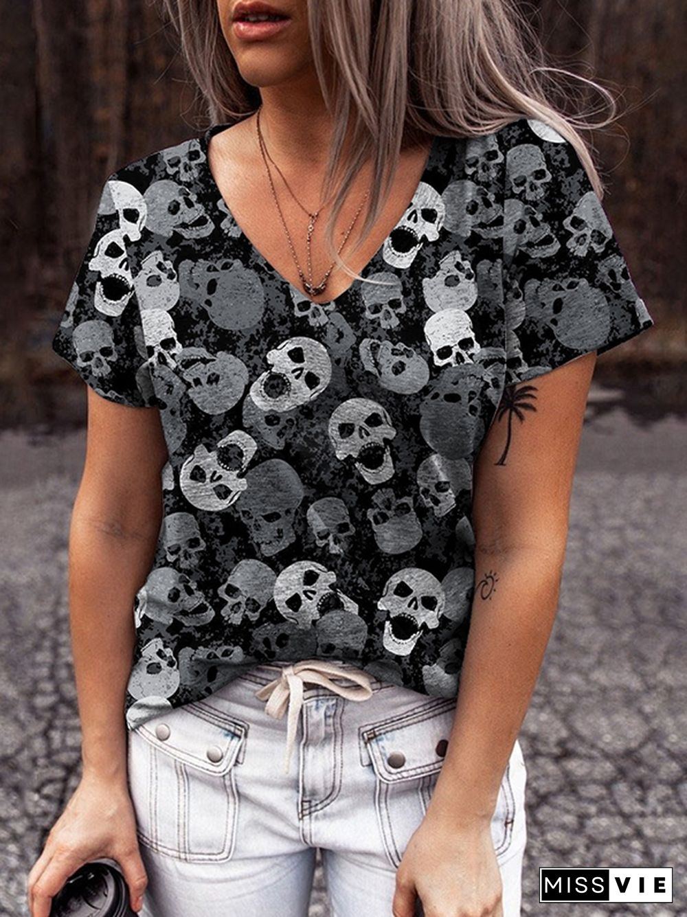 Halloween Skull Print V-neck T-shirt