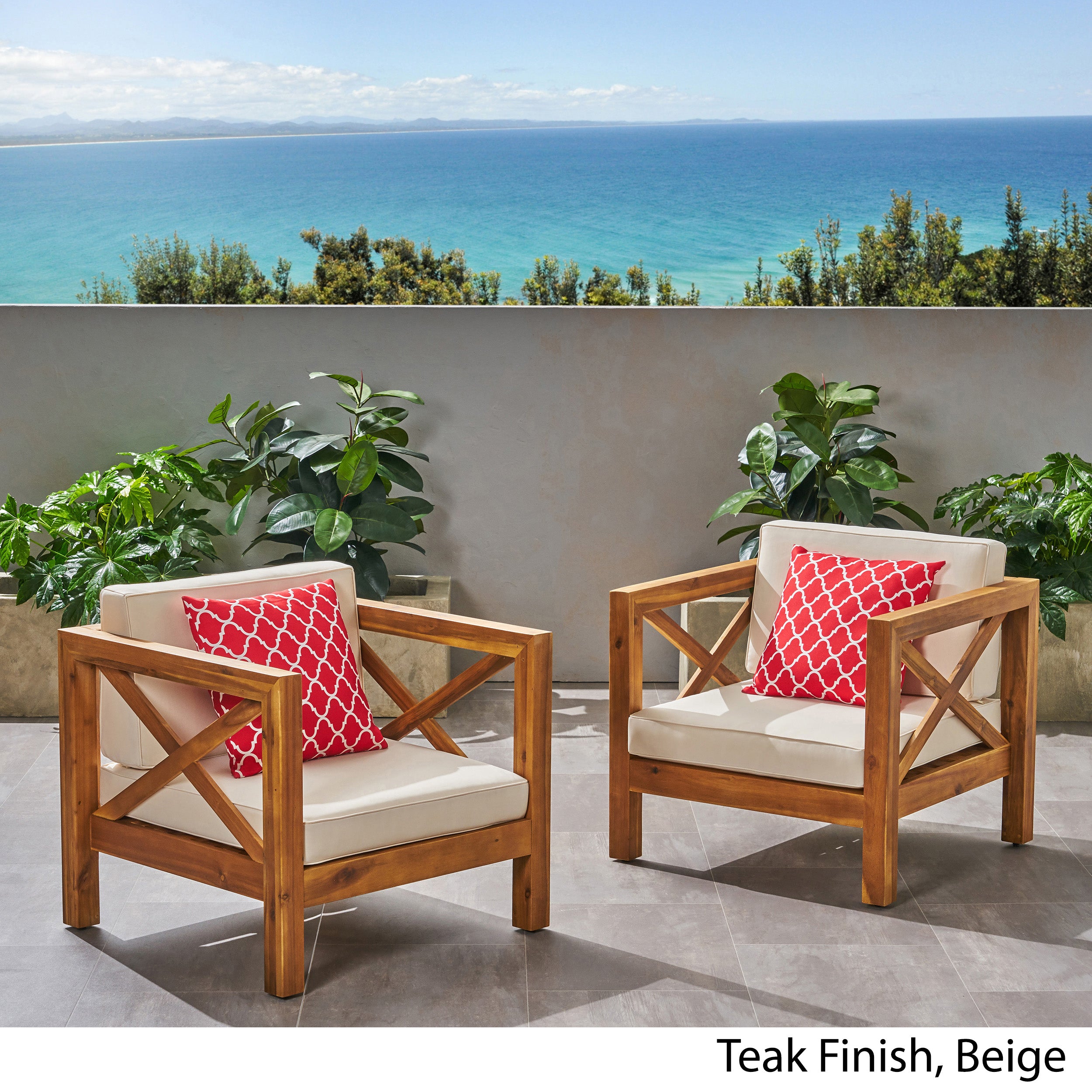 Indira Outdoor Acacia Wood Club Chairs with Cushions (Set of 2)