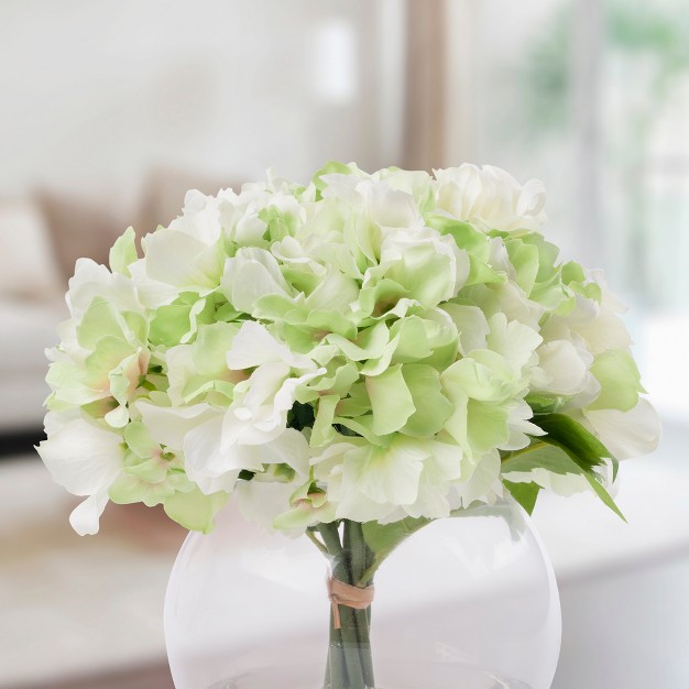 Hydrangea Floral Arrangement In Vase 5 count Artificial Flowers With Leaves In Faux Water filled Decorative Clear Glass Bowl By Pure Garden green