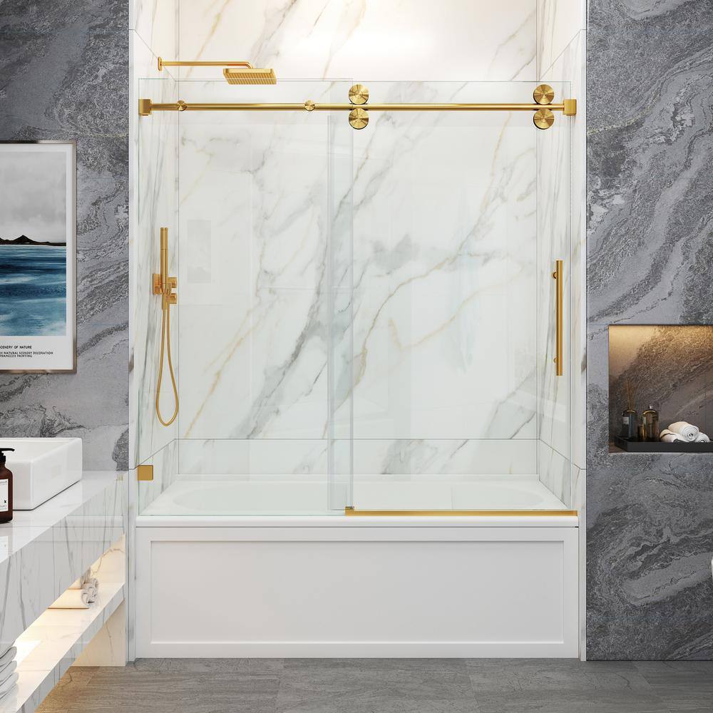 MCOCOD 60 in. W x 60 in. H Single Sliding Frameless Tub Door in Brushed Gold with Smooth Sliding and 38 in.(10 mm) Clear Glass SS04-60x60-BG