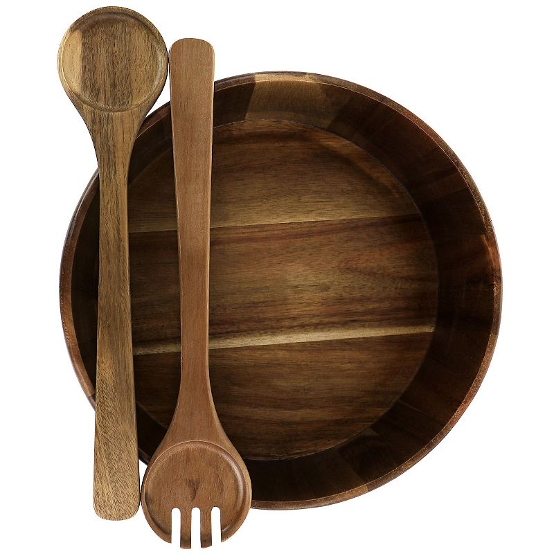 Gibson Elite 3 Piece Acacia Wood Salad Bowl and Spoon Set in Brown