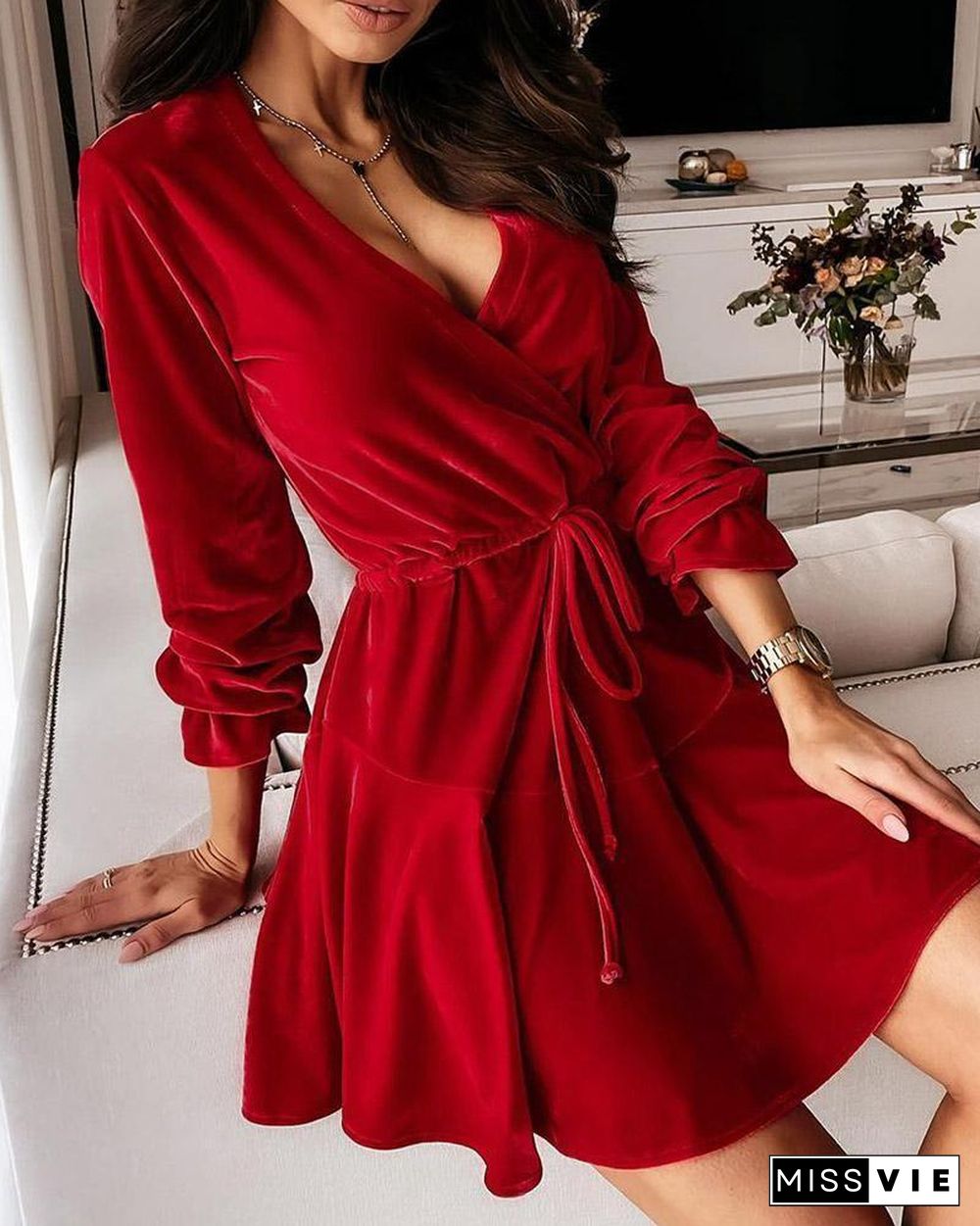 Velvet Long Sleeve Tie Front Wrap Dress P16169