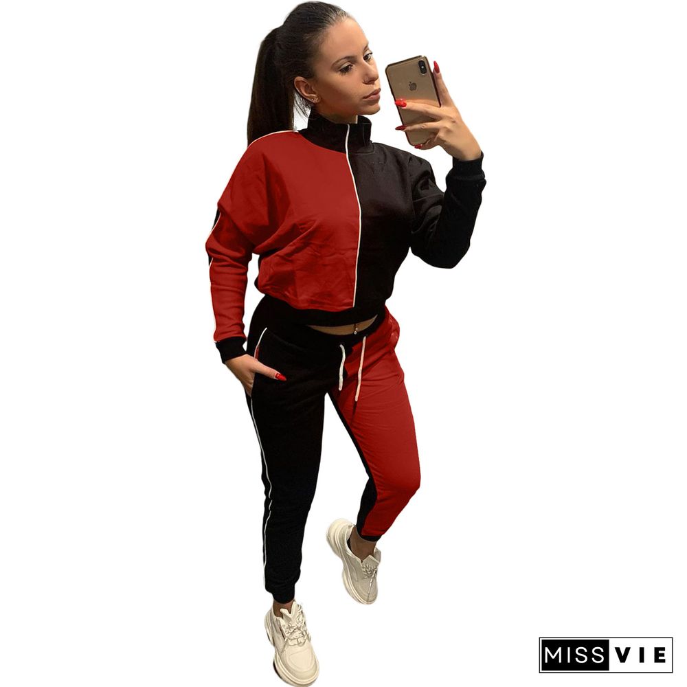 Color Contrast Zip Jacket Sporty Pants Two Piece Set