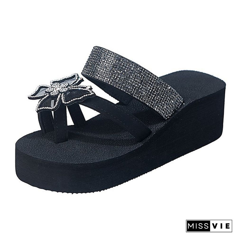 Summer Women Fashion Platform Slippers Rhinestone Diamond Casual Sandals Beach Flat Flip Flops Bling Bling Slippers Beach Sandals Plus Size 35-43