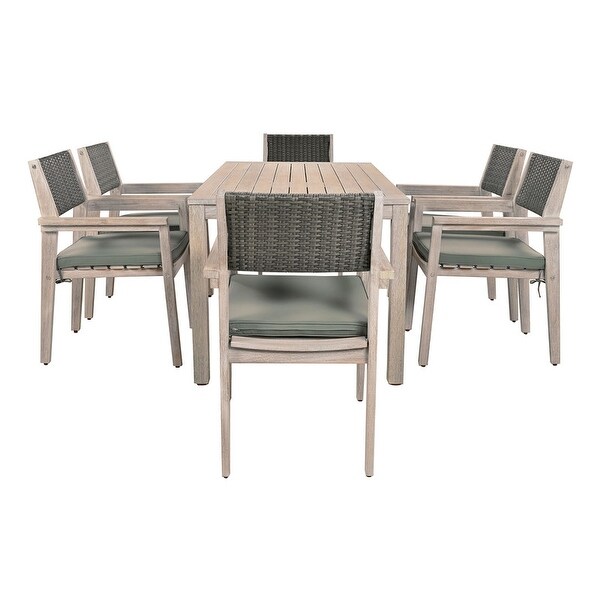 7Piece White Washed Outdoor Dining Set，with Rattan Backrest and Removable Cushions