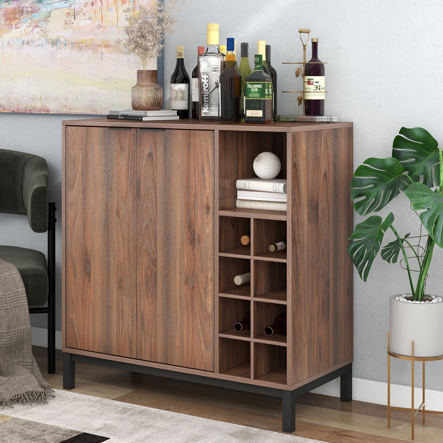 Sideboard Buffet Cabinet， Modern Coffee Bar Cabinet with Removable Wine Rack and Adjustable Shelf， 2 Doors Bar Buffet Sideboard for Dinning Room， Entryway， Kitchen