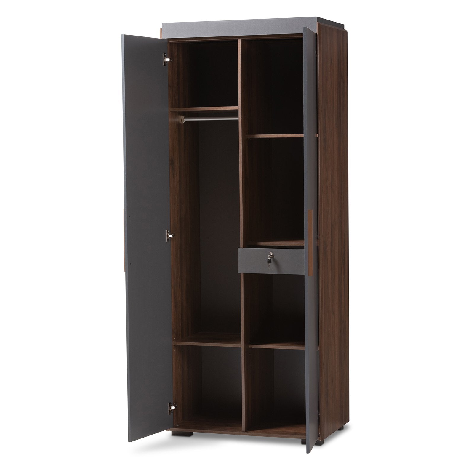 Baxton Studio Rikke Modern and Contemporary Two-tone Gray and Walnut Finished Wood 7-Shelf Wardrobe Storage Cabinet