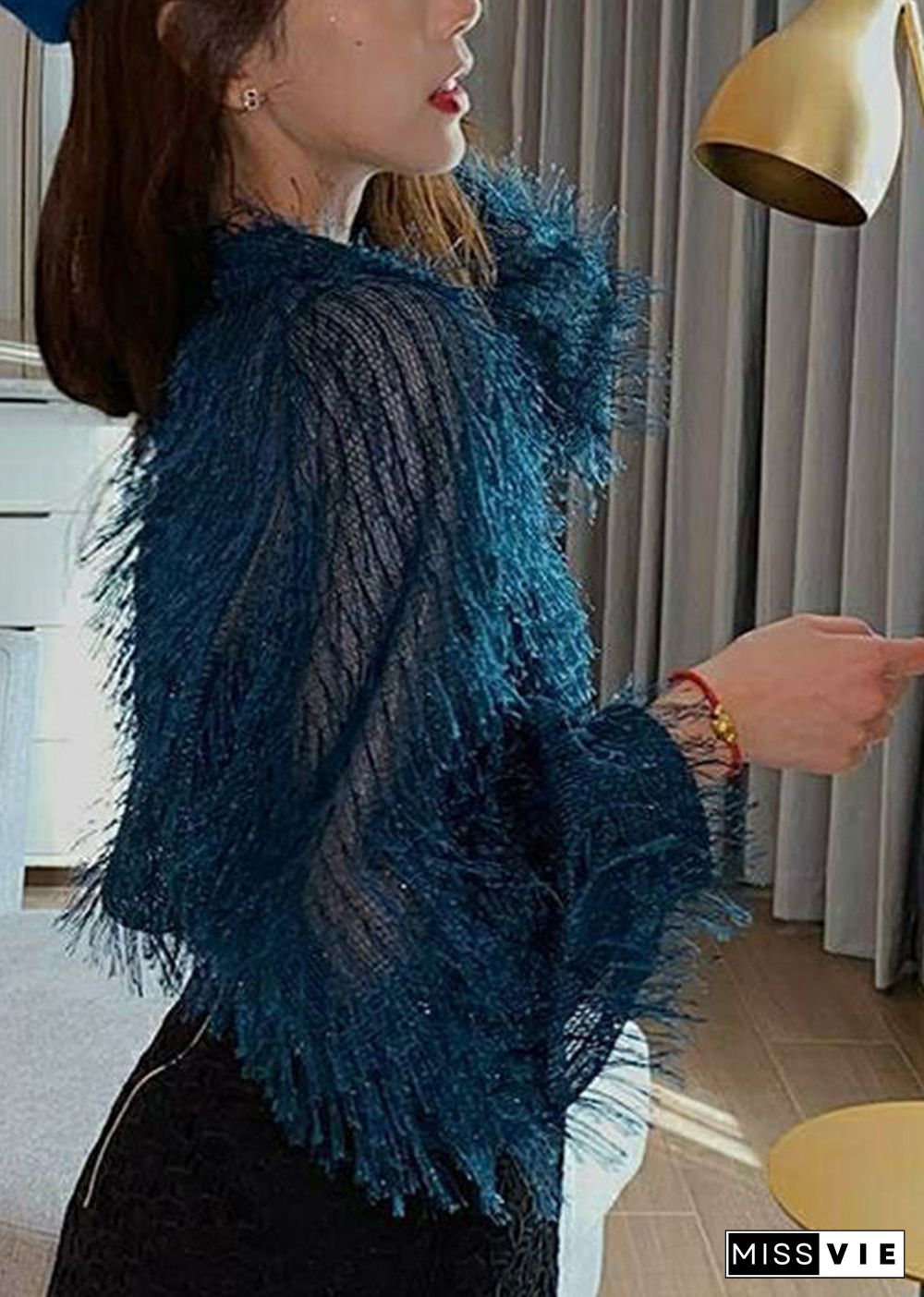 Unique Peacock Blue Tasseled Hollow Out Knit Shirts Fall