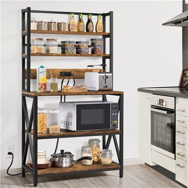 5-Tier Kitchen Bakers Rack with Power Outlet Microwave Stand Coffee Bar Station