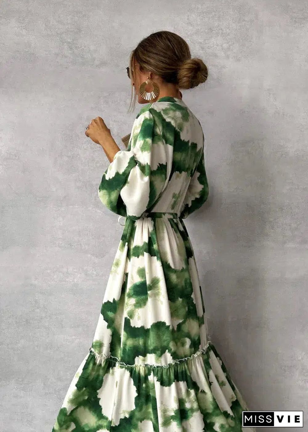 Green Long Sleeve V-Neck Maxi Dress