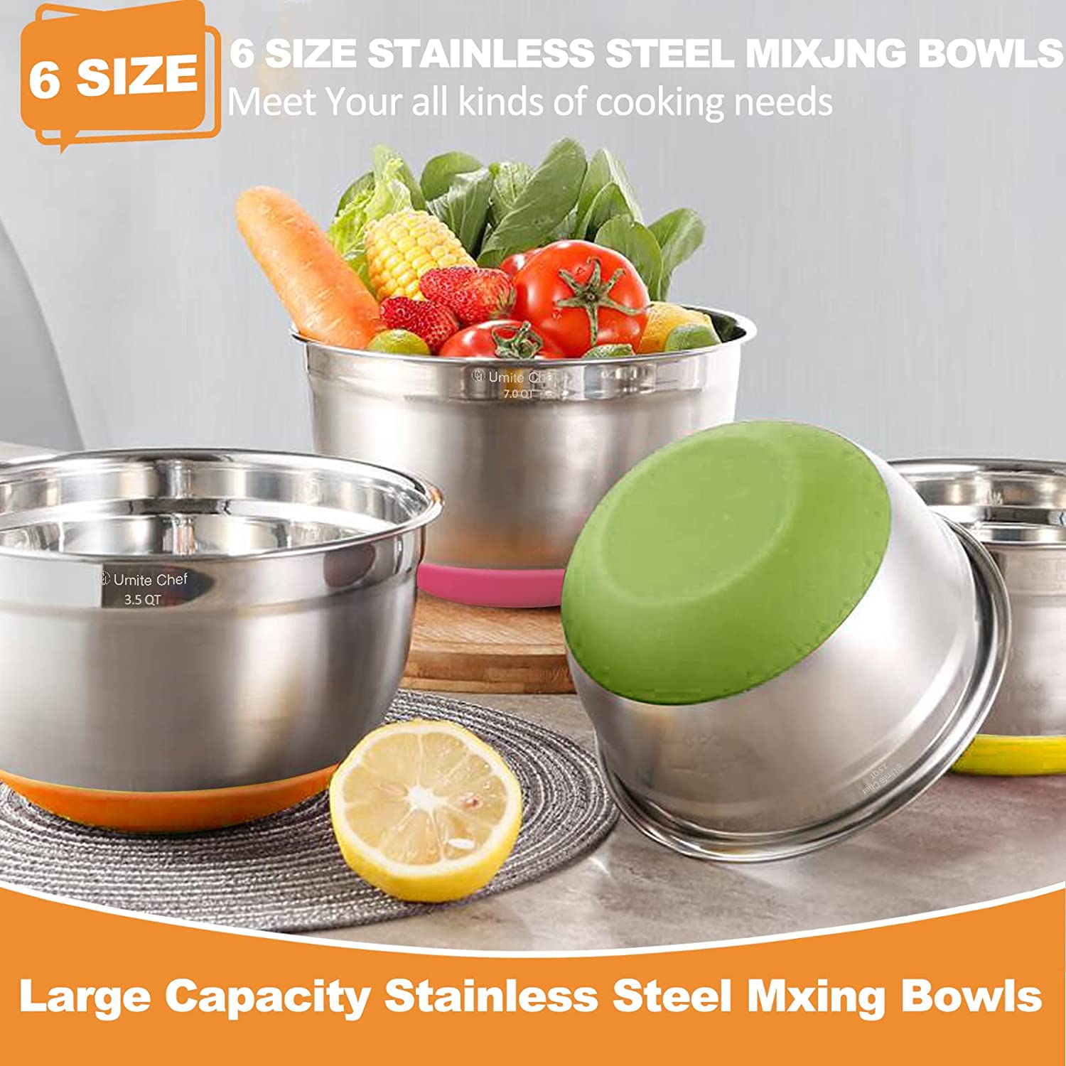 Chef Mixing Bowls with Airtight Lids 6 Piece Stainless Steel Metal Bowls, Measurement Marks & Colorful Non