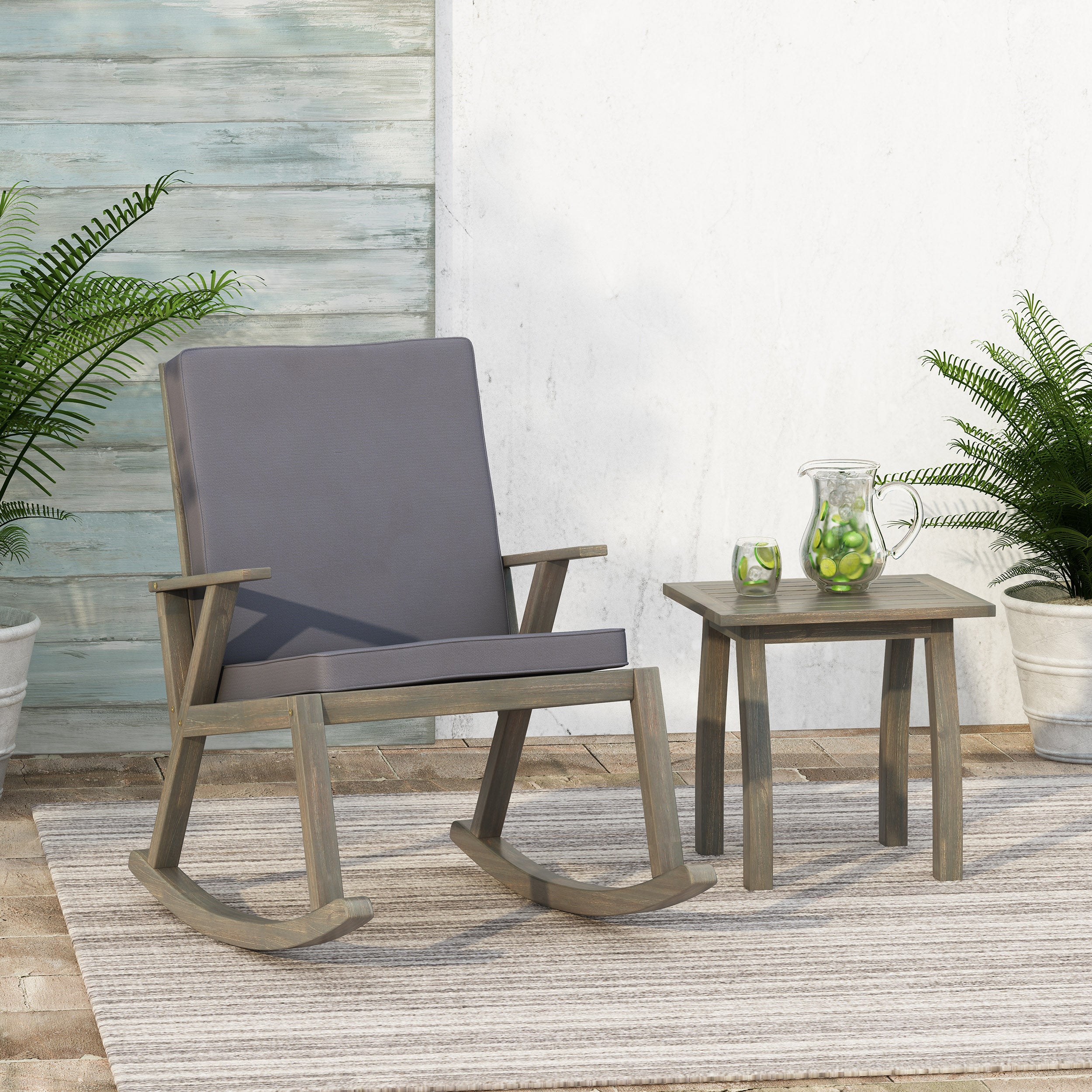 Zane Outdoor Acacia Wood Rocking Chair with Side Table