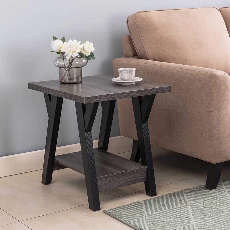 FC Design Distressed Grey and Black End Table with Bottom Shelf