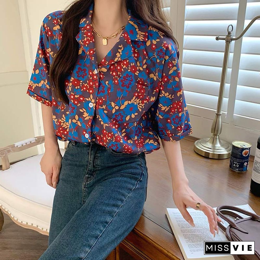 Vintage Floral Print Pocket Loose T-Shirt