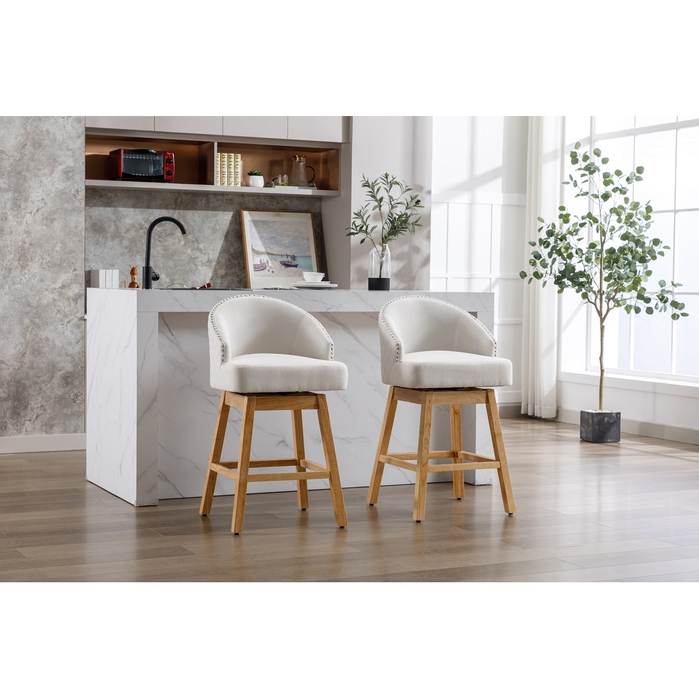 Modern Swivel Bar Stools  Performance Fabric Upholstered Counter Height Bar Stool with Back  Solid Wood Legs  Set of 2