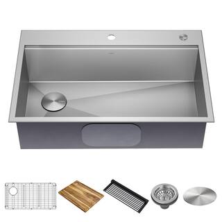 KRAUS Loften 33 in. Drop-inUndermount Single Bowl Stainless Steel Kitchen Workstation Sink with Accessories KWT320-3318