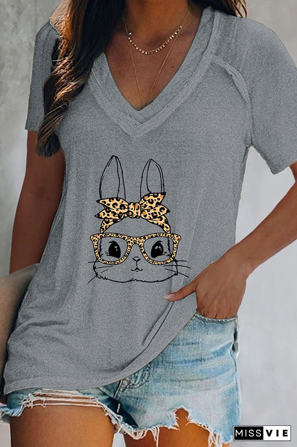 Easter bunny-Cute bunny with leopard bandana and glasses V Neck Graphic Tee