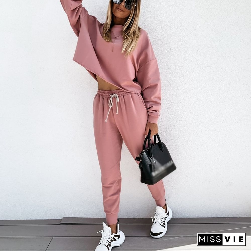 Fashion O Neck Pullover + Lace Up Pants Women Set Casual Loose Long Sleeved Sportswear Suit Autumn Long Sleeve Sweatshirt Outfit