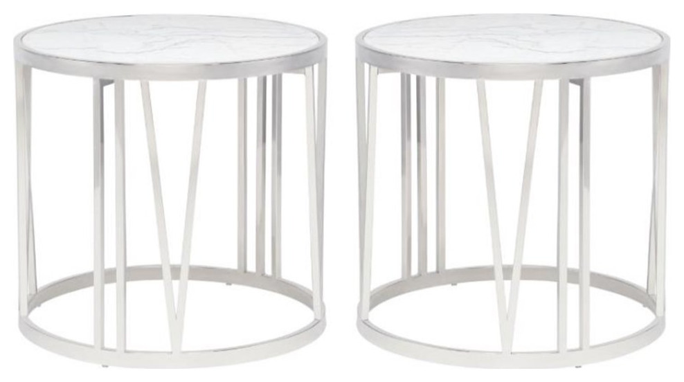 Home Square Roman Round Marble Top End Table in Silver and White   Set of 2   Contemporary   Side Tables And End Tables   by Homesquare  Houzz