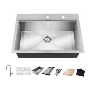 Glacier Bay All-in-One Zero Radius Drop-in 18G Stainless Steel 27 in. 2-Hole Single Bowl Workstation Kitchen Sink Pull-Down Faucet 4307F-1