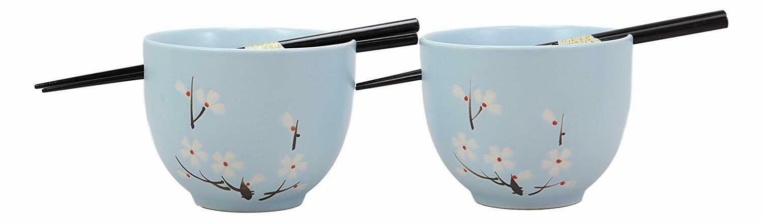 1 Ceramic Japanese Cherry Blossoms Sky Blue Ramen Noodle Bowls and Chopsticks Set 2 EBR02