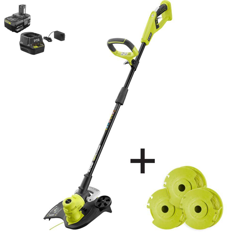 RYOBI ONE 18V 13 in Cordless Battery String TrimmerEdger with Extra 3Pack of Spools 40 Ah Battery and Charger