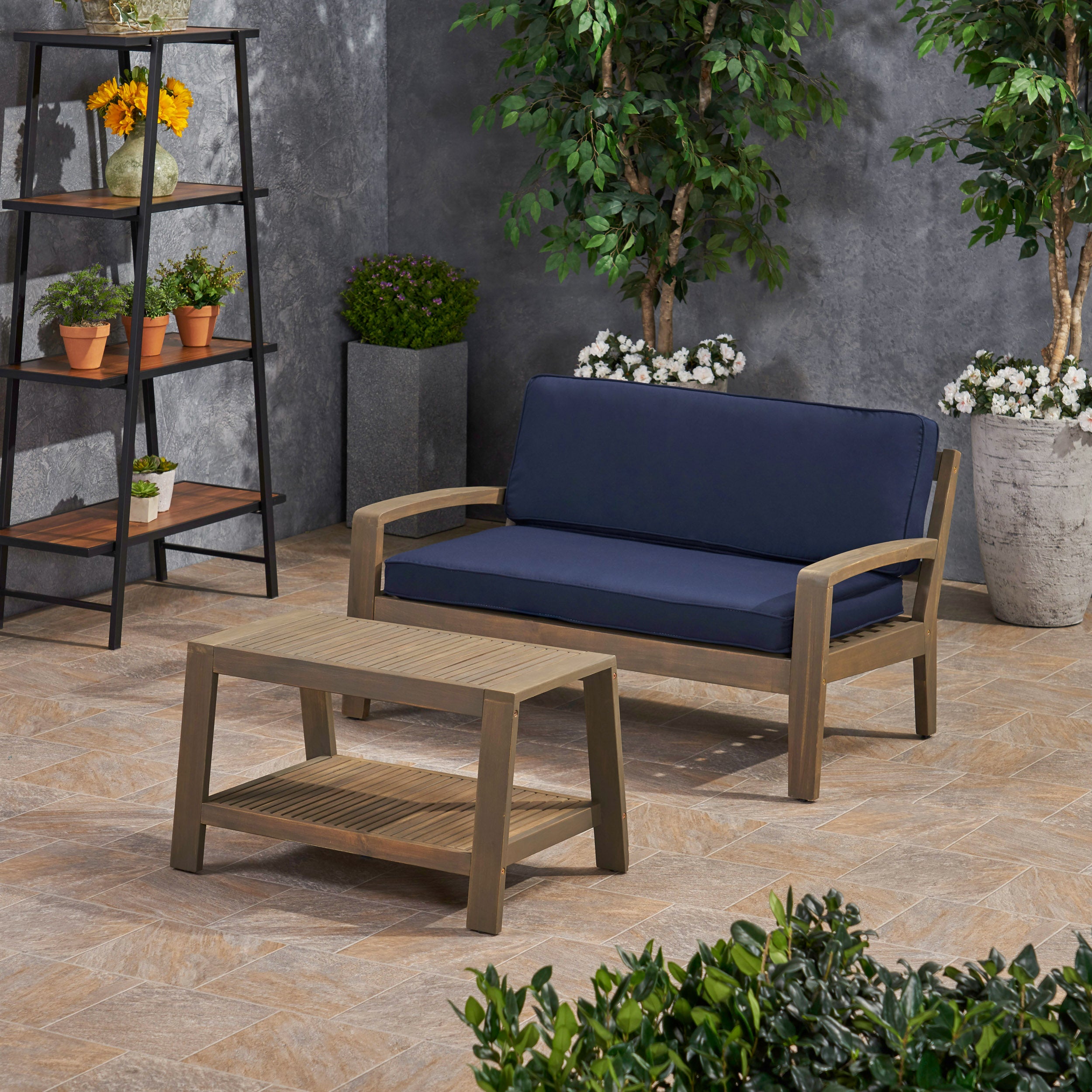 Parma Outdoor Acacia Wood Loveseat and Coffee Table Set with Sunbrella Cushions