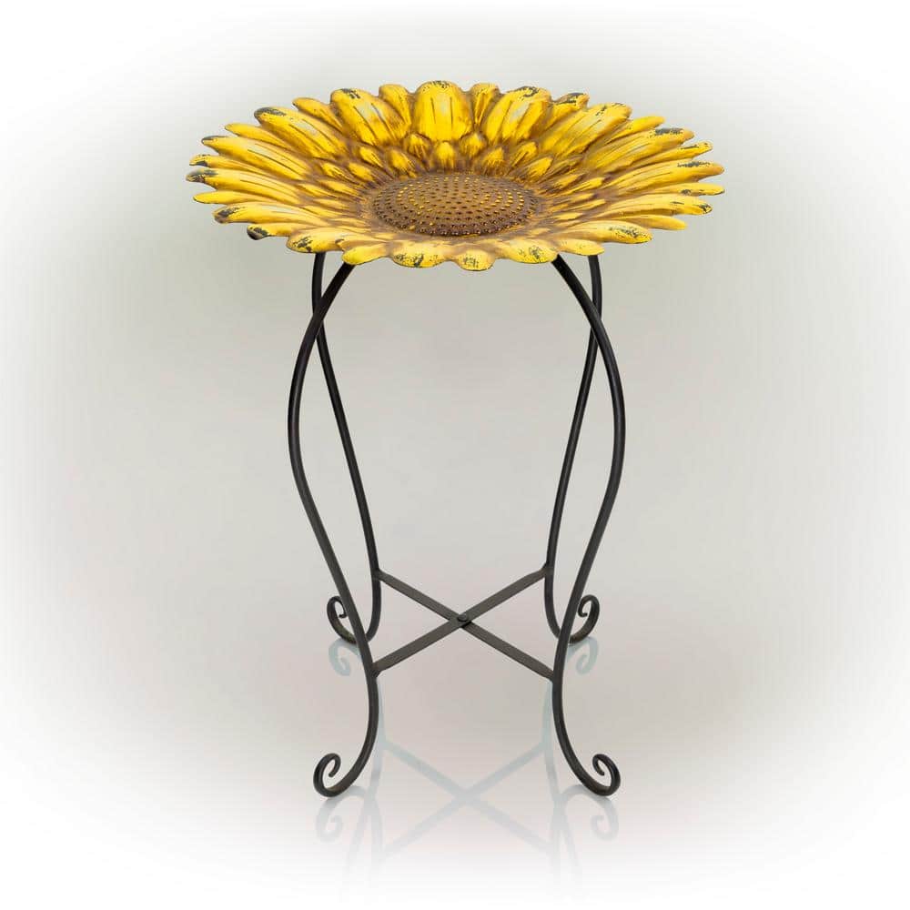 Alpine Corporation 19 in. Tall Embossed Metal Sunflower Birdbath Decoration Yard Statue MAZ470