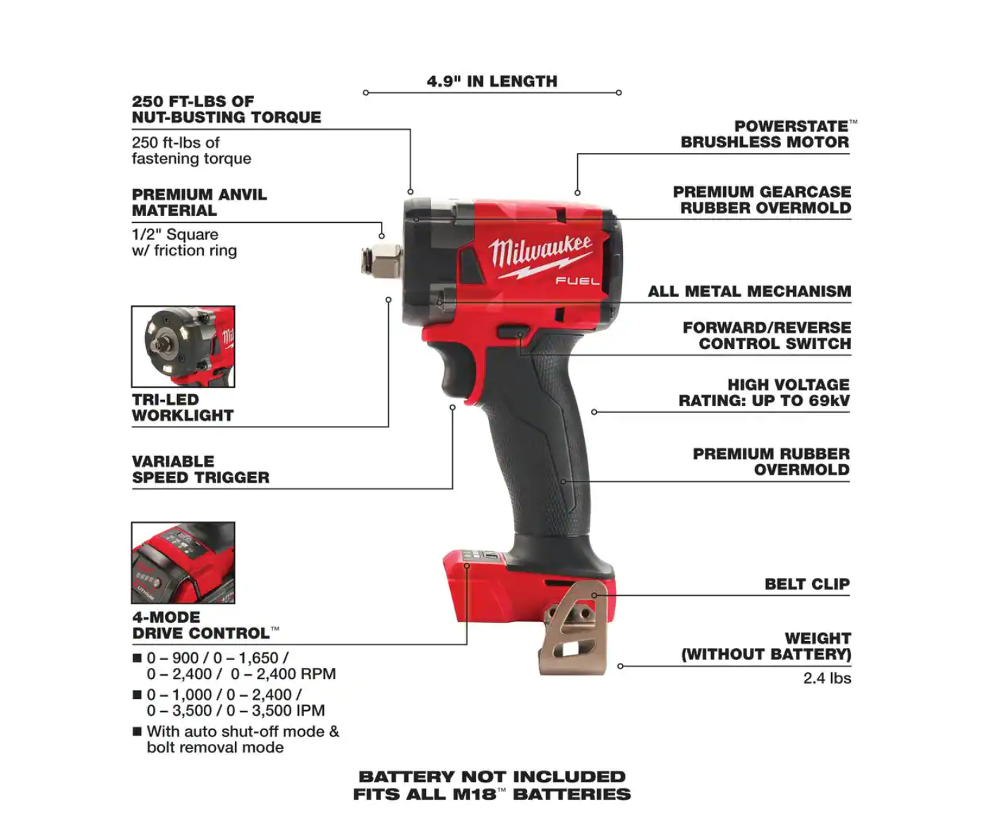 Milwaukee 2855-20-49-16-2854 M18 FUEL Gen-2 18V Lithium-Ion Brushless Cordless 1/2 in. Compact Impact Wrench with Friction Ring and Boot