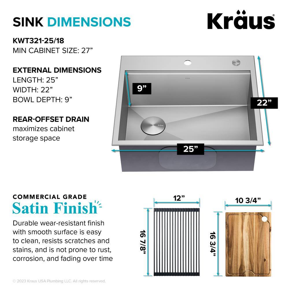 KRAUS Loften 25 in. Drop-inUndermount Single Bowl Stainless Steel Kitchen Workstation Sink with Accessories KWT321-2518