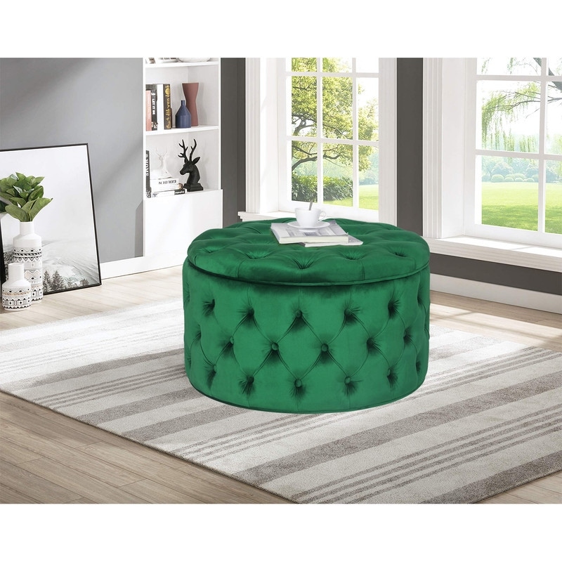 Adeco Round Storage Ottoman Button Tufted Footrest Stool Bench