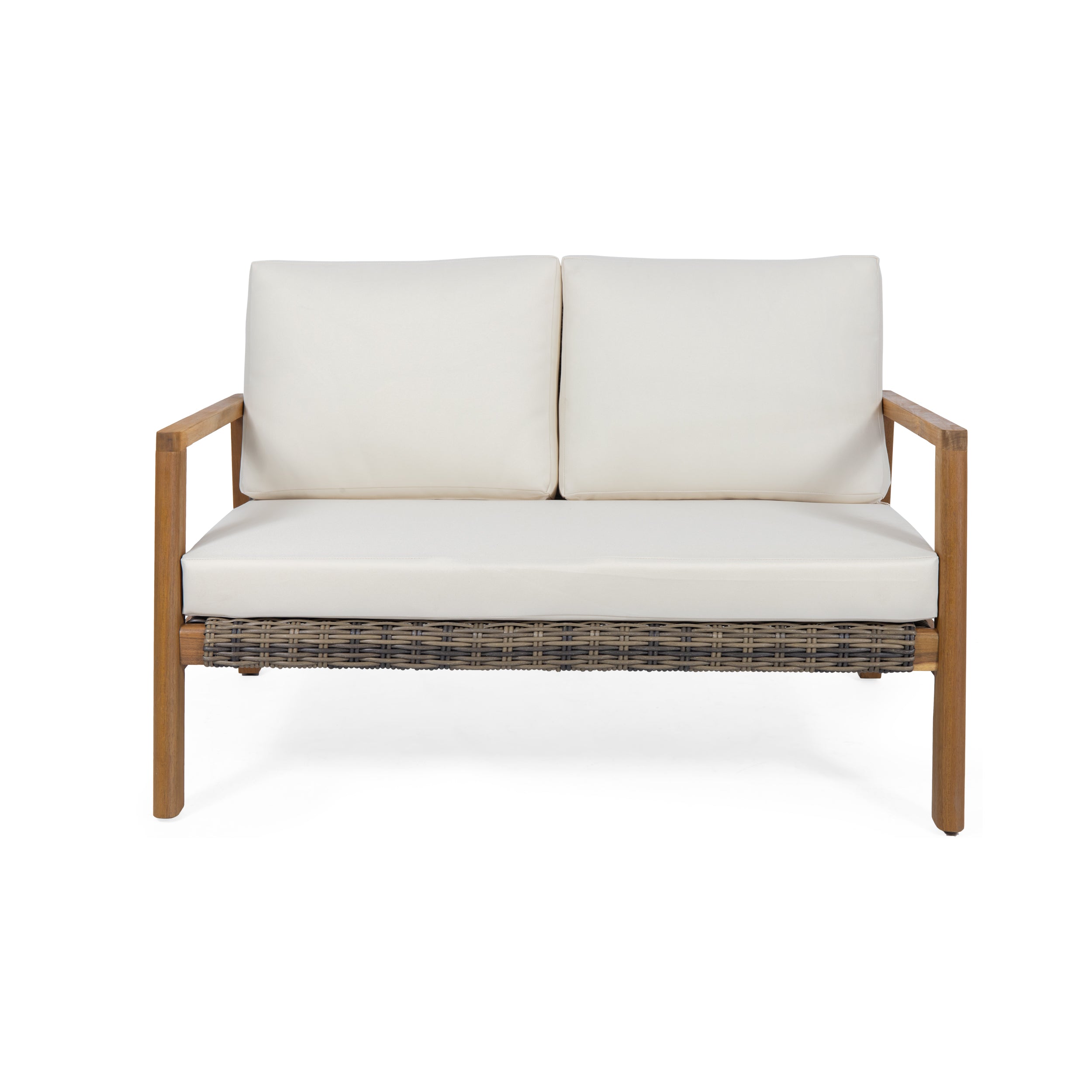 Kedan Outdoor Acacia Wood Loveseat with Wicker Accents