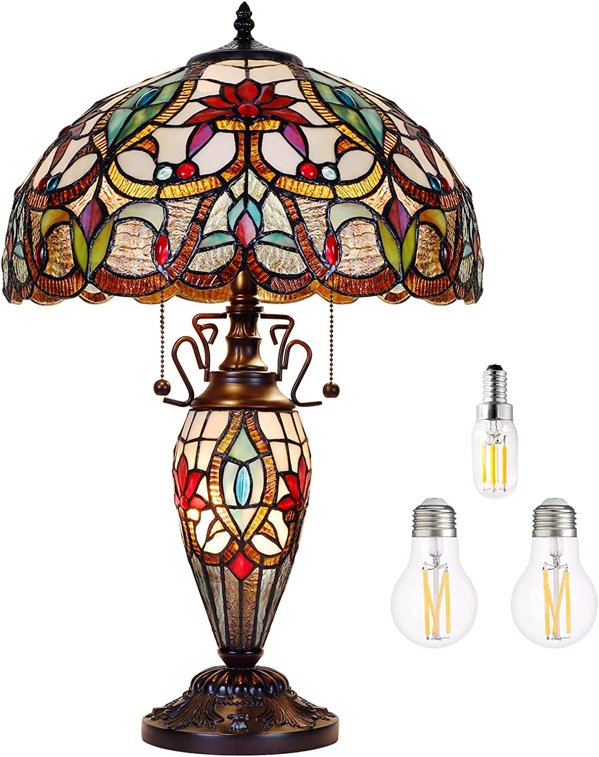 MOOVIEW  Lamp Night Light Stained Glass  Table Lamp 24\u2019\u2019 Tall Vintage Living Room Bedroom  Office Bedside Reading Lamp 3 LED Bulb Included  Orange Christmas Gift