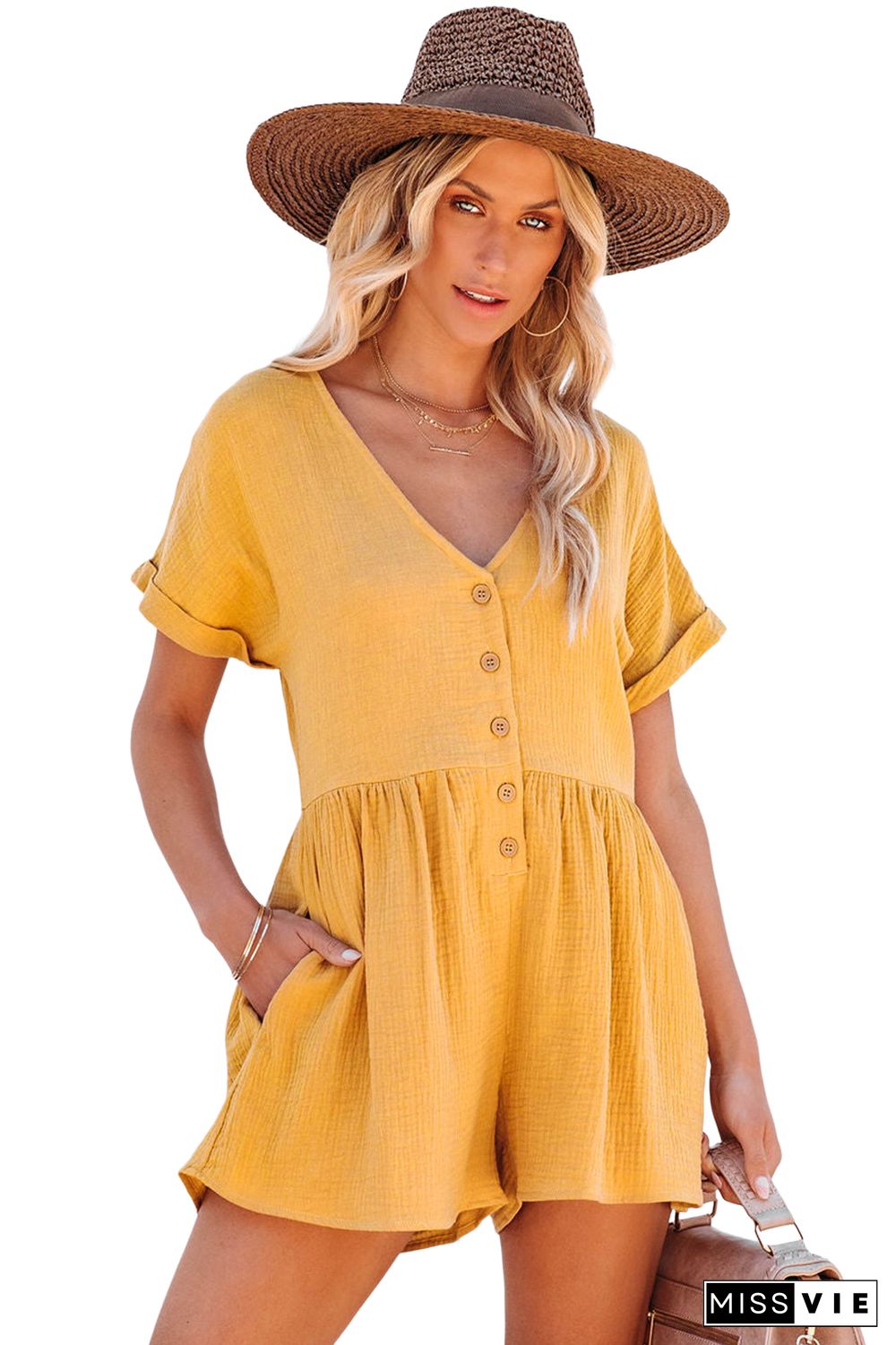 Yellow Button V Neck Crinkle Pocketed Romper