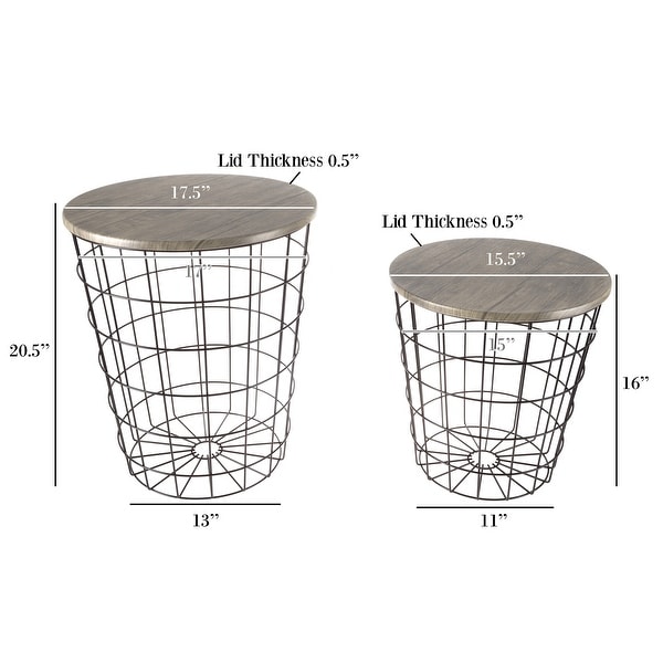 Nesting End Table with Storage - Set of 2 Convertible Round Metal Storage Basket Base with Veneer Top Accent Side Table (Gray)