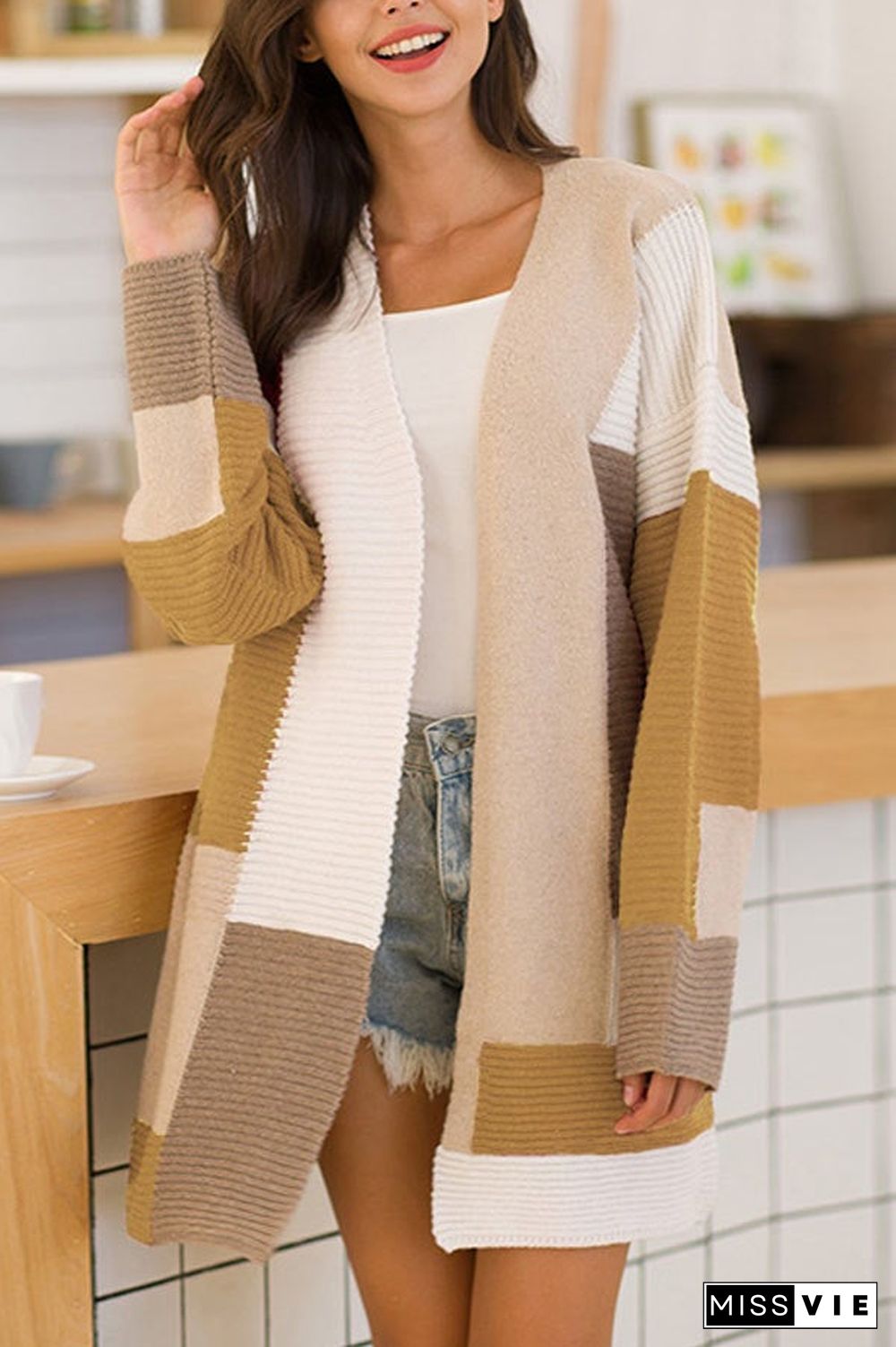 Casual Geometric Color Matching Cardigan