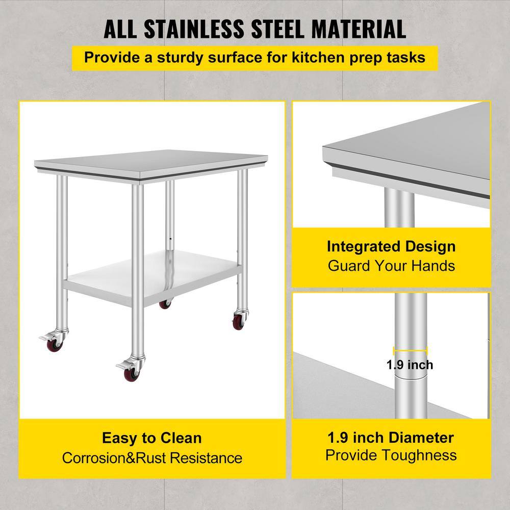 VEVOR Stainless Steel Rolling Table 35.4 x 23.6 in. Kitchen Prep Table with 4 Wheels Kitchen Utility Table Silver SYGZT36X24INDJL01V0