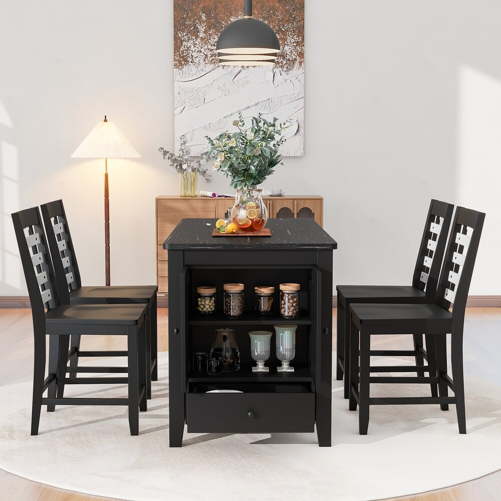 5 Piece Dining Table Set with Faux Marble Tabletop  Cabinet and Drawer