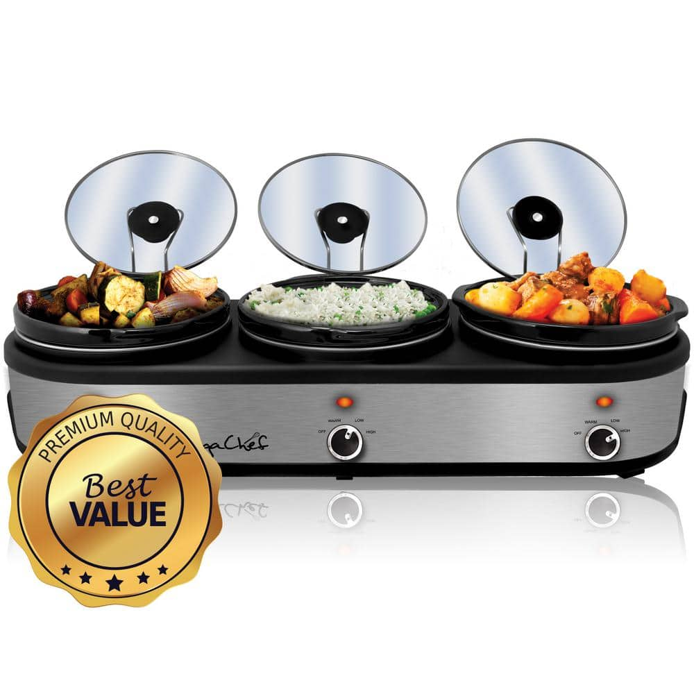 MegaChef 7.5 Qt. Stainless Steel Slow Cooker with 3 Crocks and Keep Warm Setting 985109458M