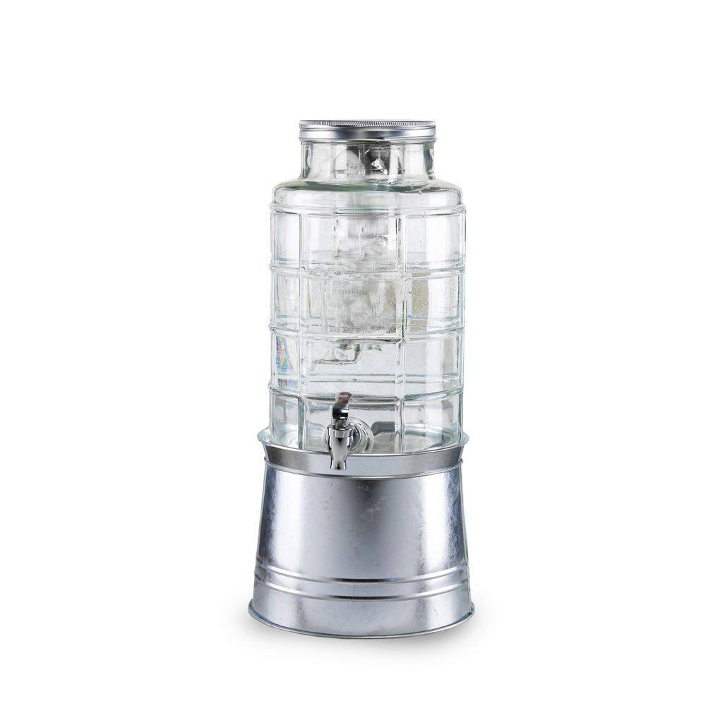 Style Setter Patchwork 2.4 Gal. Clear Cold Beverage Glass Dispenser with Ice Insert Fruit Infuser Galvanized Base Leak Proof Spigot 410414-RB