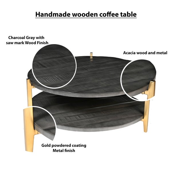 Tali 37 Inch Handcrafted Round Coffee Table， 2 Tier， Charcoal Gray Acacia Wood， Sleek Gold Metal Legs