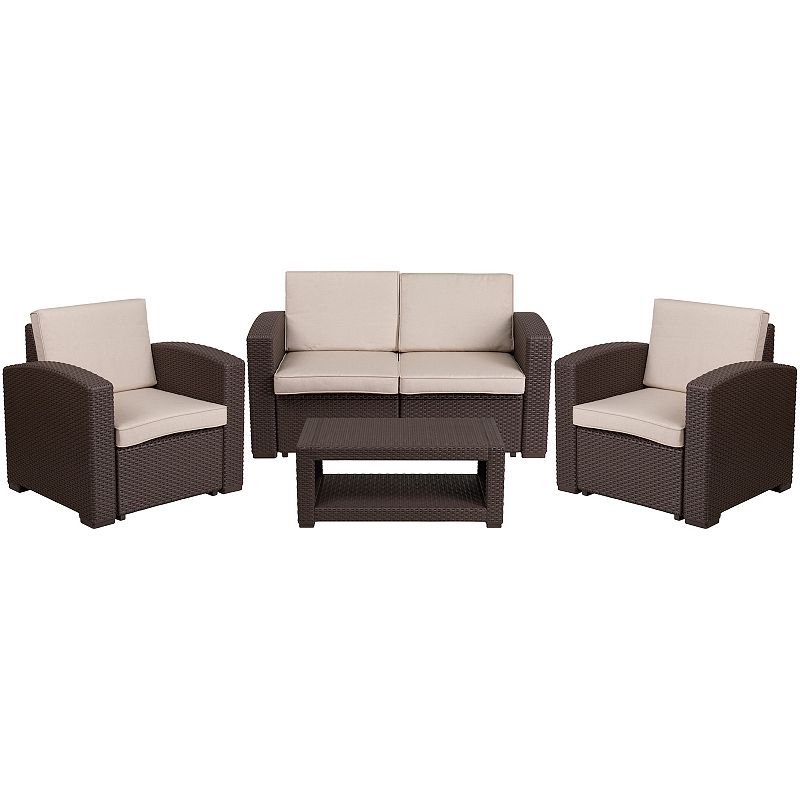 Flash Furniture Outdoor Faux Rattan Chair， Loveseat， and Coffee Table 4-piece Set