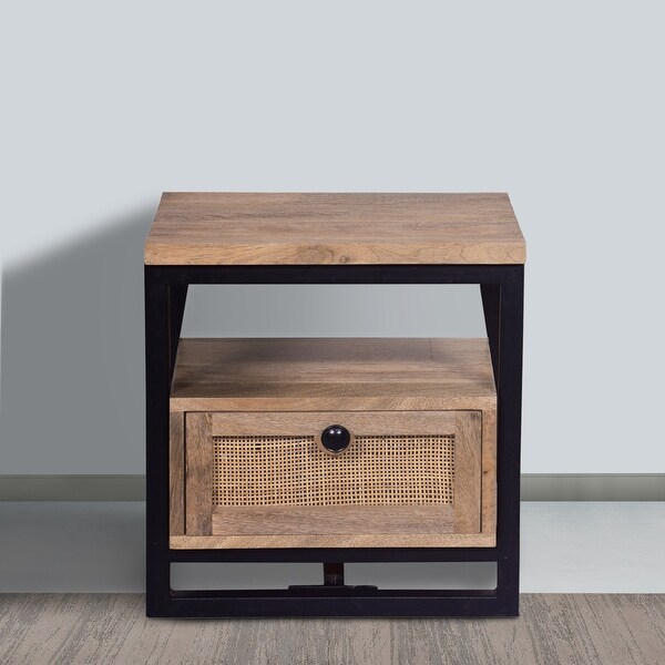 18 Inch Nightstand End Table， 1 Drawer， Open Storage， Natural Brown Mango Wood with a Rectangular Black Iron Frame