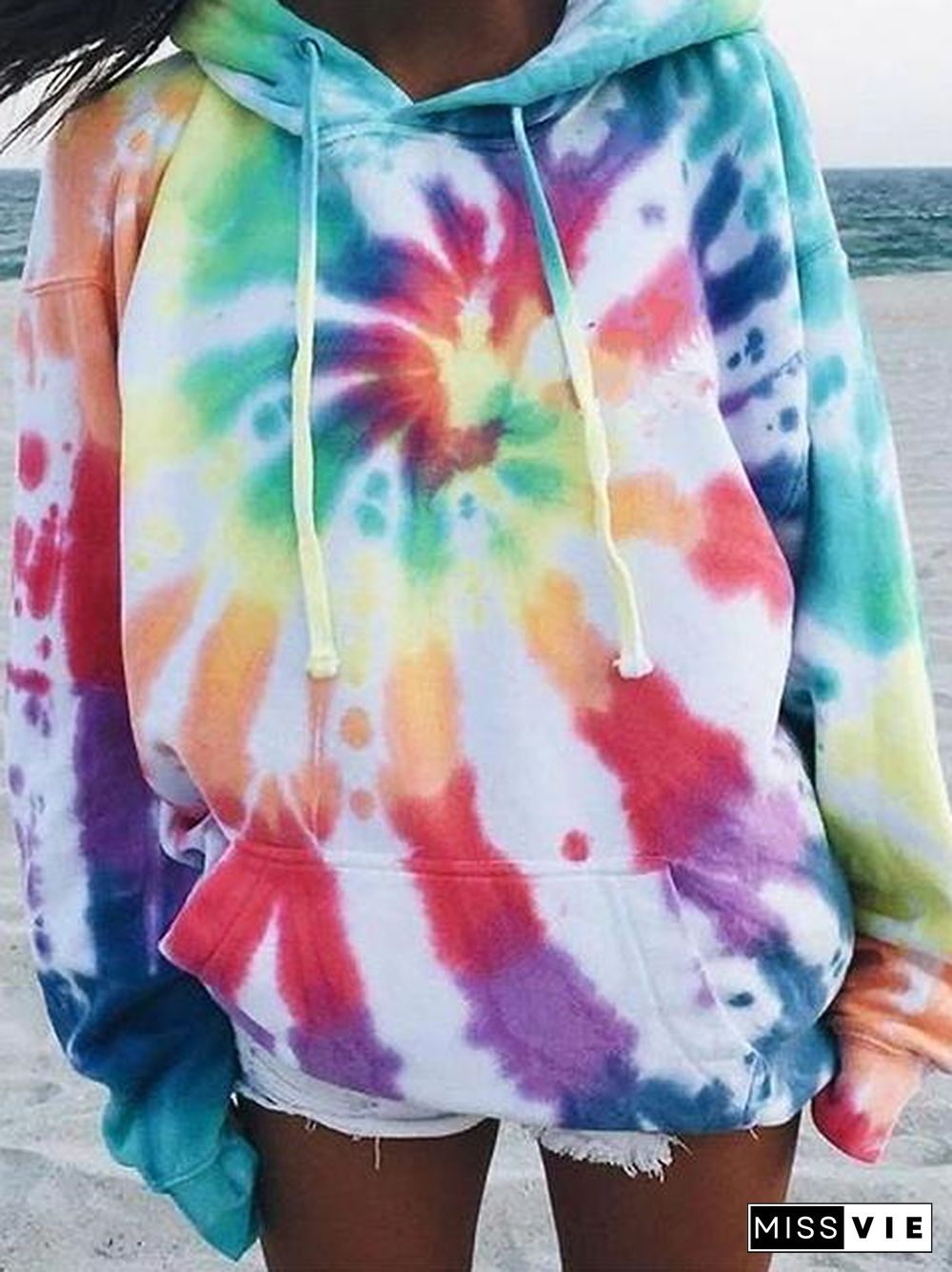 Tie-Dye Long Sleeve Drawstring Pullover Hoodie