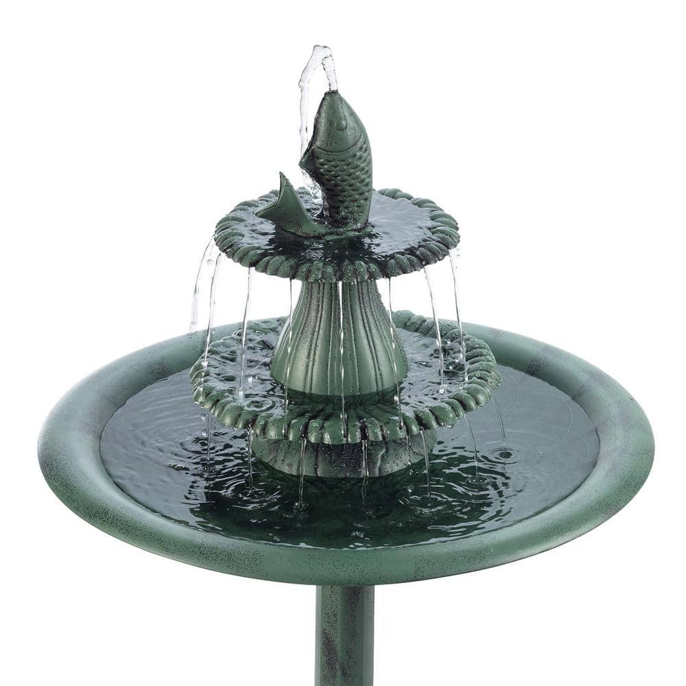 Alpine Corporation 40 in. Tall Outdoor 3-Tiered Pedestal Water Birdbath with Fish Design Floor Fountain, Green TEC104