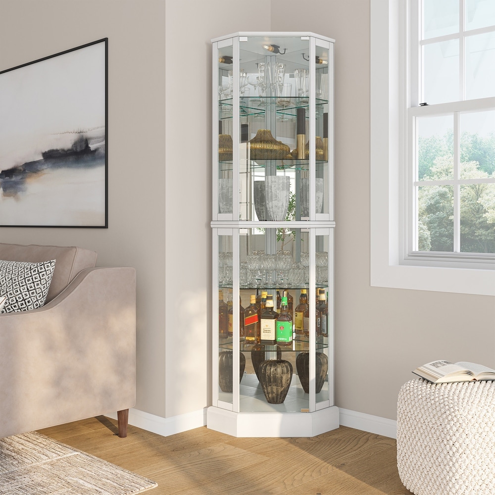 BELLEZE Lighted Curio Cabinet w/Glass Doors   Shelves  Ashfield(White)   White