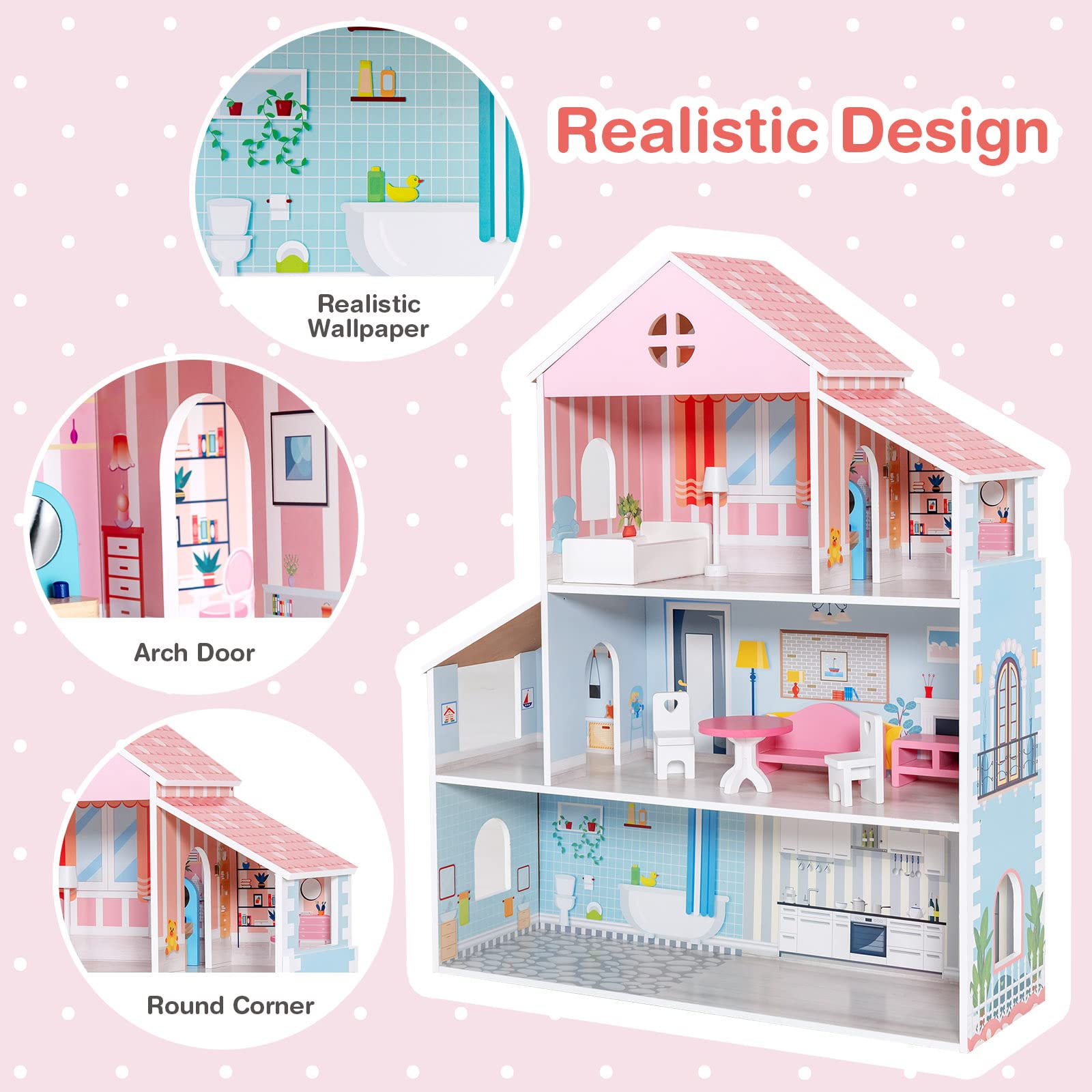 Costzon Wooden Dollhouse, 3-Story Pretend Play Doll House with Living Room Bedroom