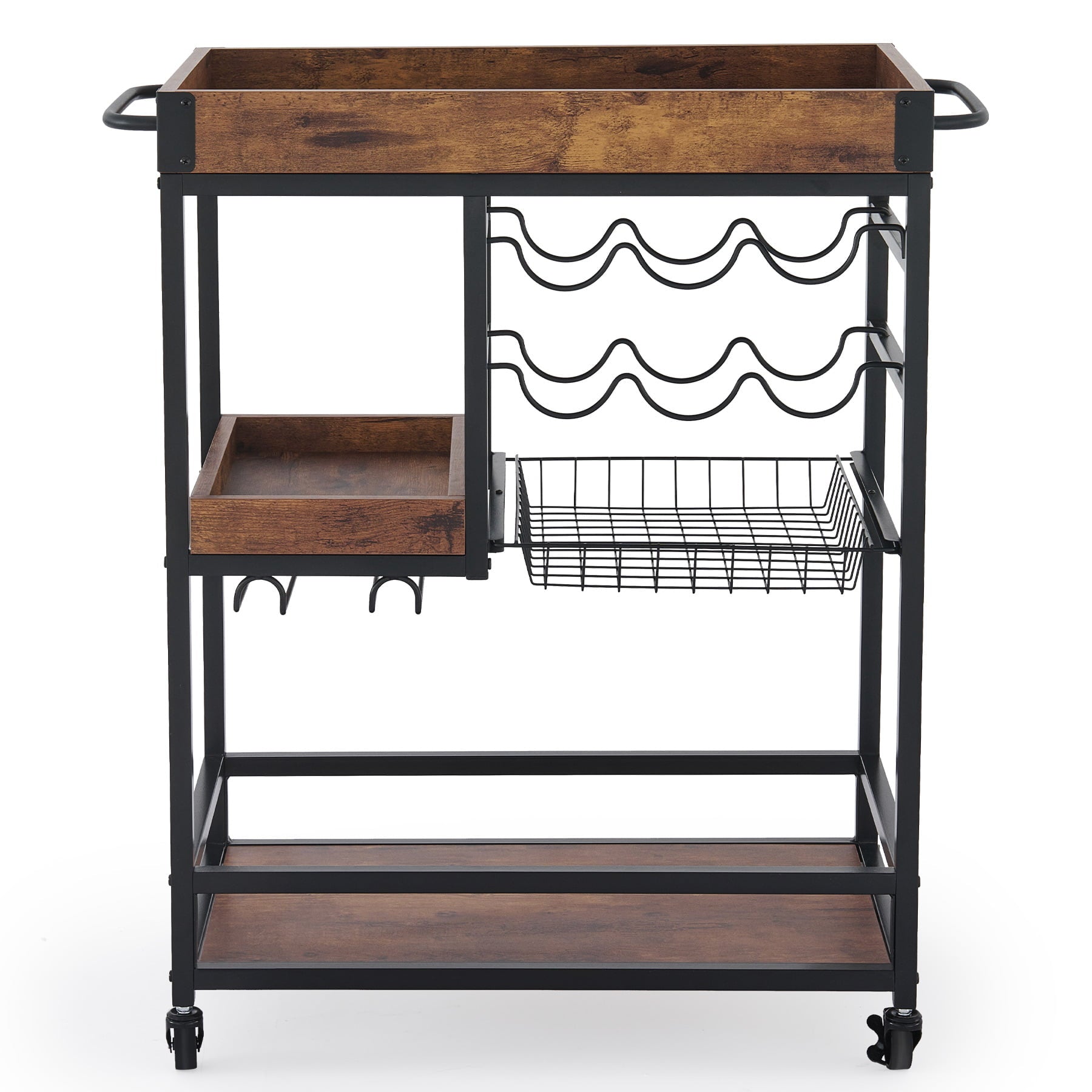 Bestco Bar Cart with Wine Rack Trays 3 Tier Kitchen Storage Cart with Locking and Wheels