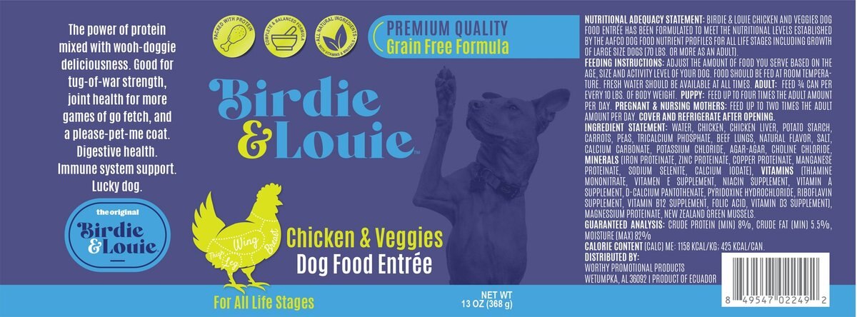 Birdie and Louie Chicken and Veggies Flavored Pate Canned Dog Food， 13-oz， case of 12