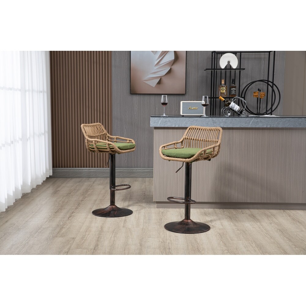 Bar Stools Set of 2 Adjustable Counter Height Dining Chairs  360掳 Swivel Bar Chairs with Rattan Back Linen Cushion   Footrest